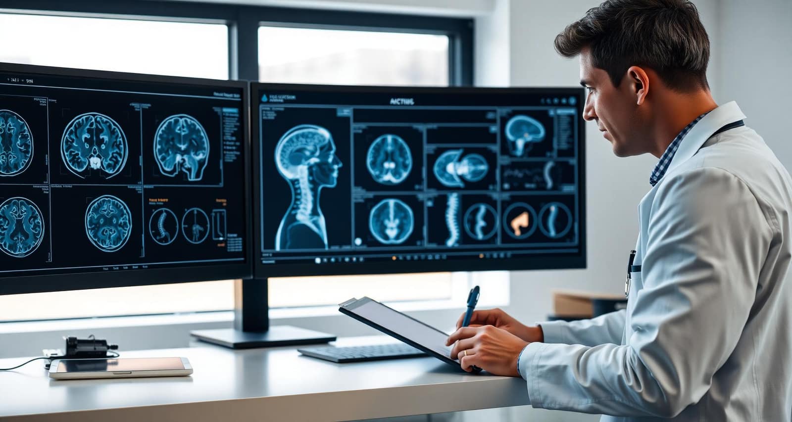 Neurosurgeon reviewing brain and spine MRI scans