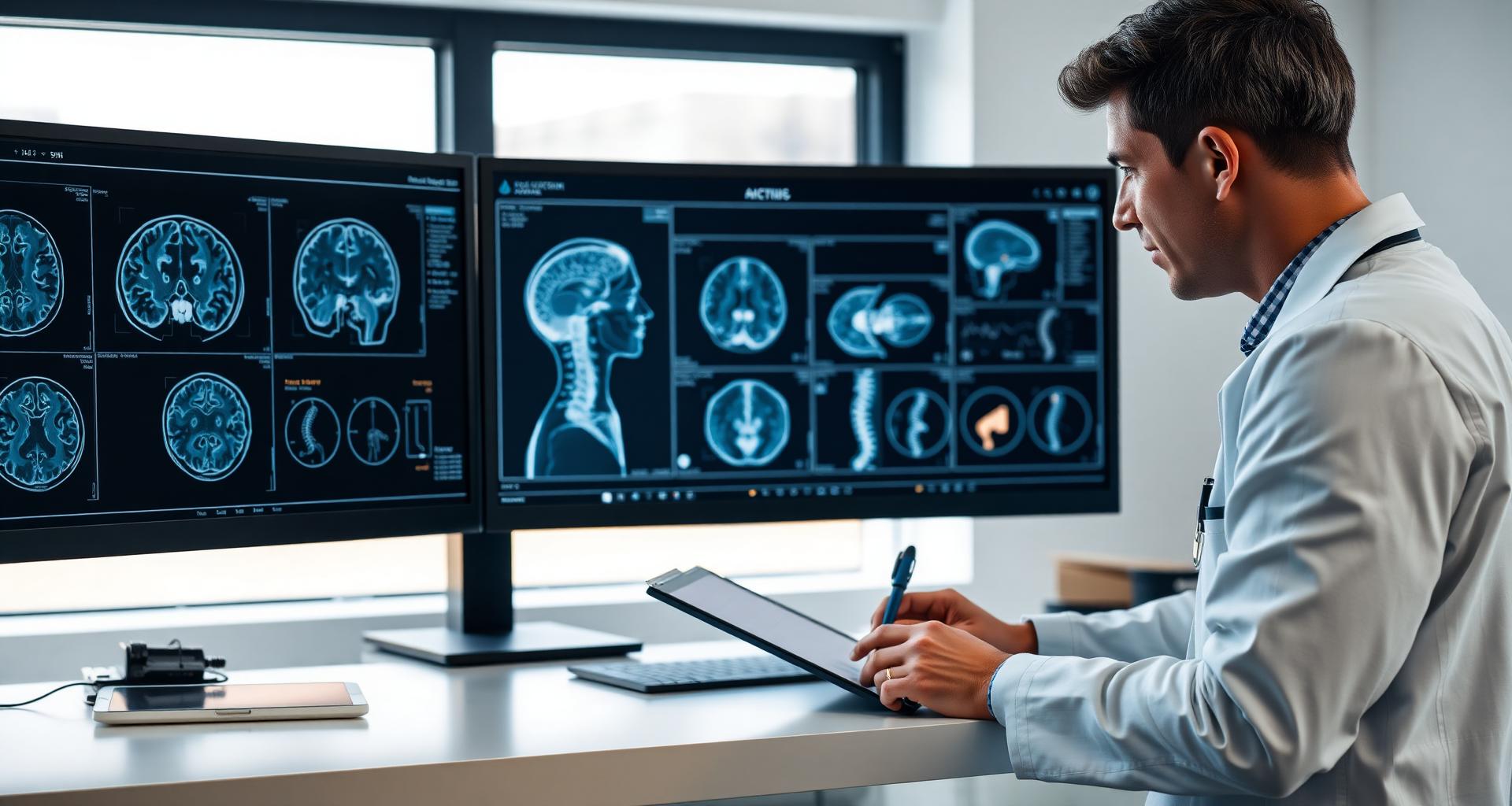Neurosurgeon reviewing brain and spine MRI scans